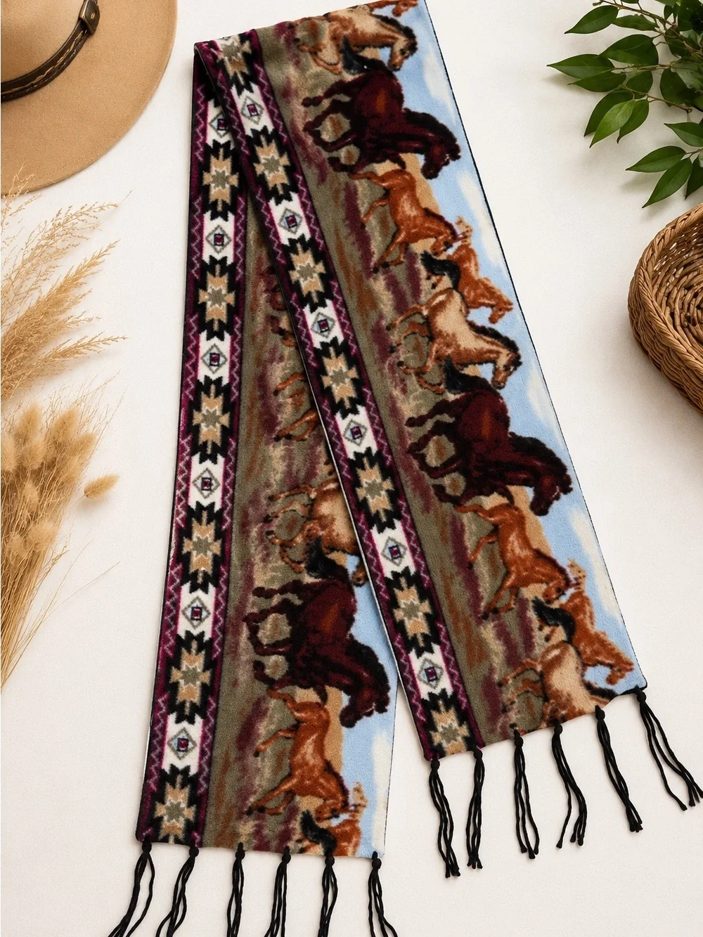 Western Running Horses Fleece Fringe Scarf Southwestern Equestrian